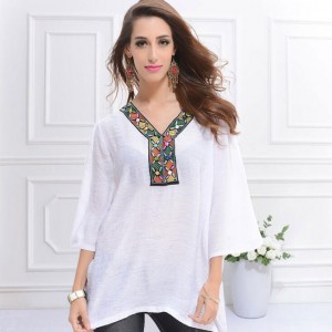 Embroidery V-neck Three-quarter Sleeves Casual Folk Style Women Top - White