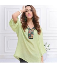 Embroidery V-neck Three-quarter Sleeves Casual Folk Style Women Top - Green
