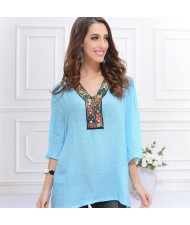 Embroidery V-neck Three-quarter Sleeves Casual Folk Style Women Top - Sky Blue