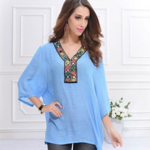 Embroidery V-neck Three-quarter Sleeves Casual Folk Style Women Top - Jeans Blue