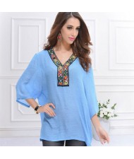 Embroidery V-neck Three-quarter Sleeves Casual Folk Style Women Top - Jeans Blue