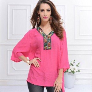 Embroidery V-neck Three-quarter Sleeves Casual Folk Style Women Top - Rose