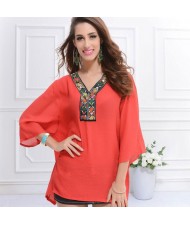 Embroidery V-neck Three-quarter Sleeves Casual Folk Style Women Top - Watermelon Red