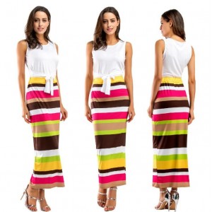 Beach Style White Top and Strips Printing Dress Two-piece Fashion Set - Brown