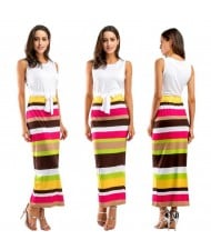 Beach Style White Top and Strips Printing Dress Two-piece Fashion Set - Brown