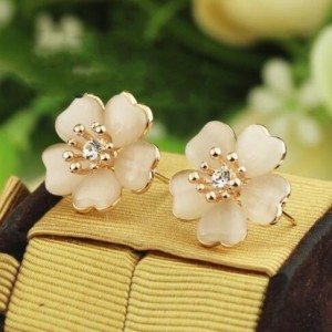 Rhinestone and Opal Vivid Dimensional Flower Design 18k Rose Gold Earrings