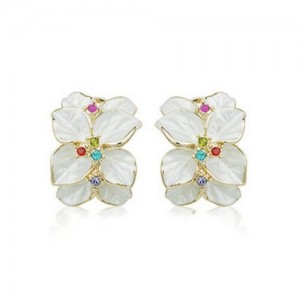 Colorful Rhinestones Embellished Dimentional Floral Design 18k Rose Gold Stud Earrings