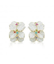 Colorful Rhinestones Embellished Dimentional Floral Design 18k Rose Gold Stud Earrings