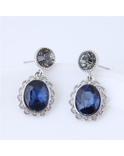 Vintage Hollow Floral Rimmed Ink Blue Czech Stones Embellished Fashion Stud Earrings