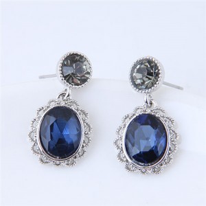 Vintage Hollow Floral Rimmed Ink Blue Czech Stones Embellished Fashion Stud Earrings