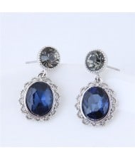 Vintage Hollow Floral Rimmed Ink Blue Czech Stones Embellished Fashion Stud Earrings