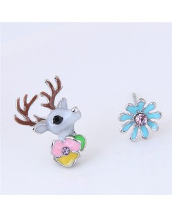 Cute Deer and Flowers Asymmetric Fashion Stud Earrings