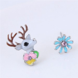 Cute Deer and Flowers Asymmetric Fashion Stud Earrings