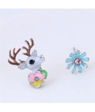 Cute Deer and Flowers Asymmetric Fashion Stud Earrings
