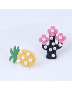 Pearl Attached Pineapple and Cactus Asymmetric Fashion Stud Earrings