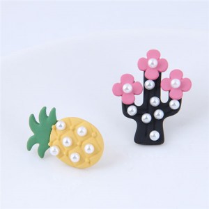 Pearl Attached Pineapple and Cactus Asymmetric Fashion Stud Earrings