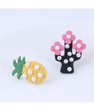 Pearl Attached Pineapple and Cactus Asymmetric Fashion Stud Earrings