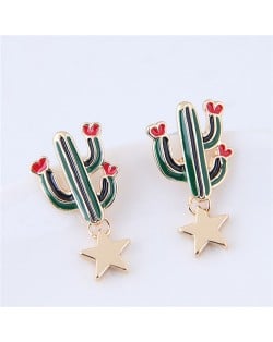 Korean Fashion Cactus and Golden Star Design Costume Stud Earrings