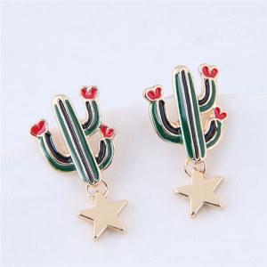 Korean Fashion Cactus and Golden Star Design Costume Stud Earrings
