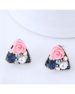 Czech Stone and Pearl Inlaid Vivid Flower Triangle Fashion Stud Earrings - Pink