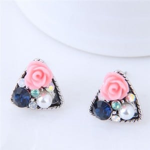 Czech Stone and Pearl Inlaid Vivid Flower Triangle Fashion Stud Earrings - Pink