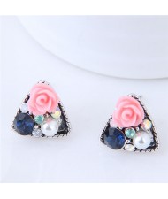 Czech Stone and Pearl Inlaid Vivid Flower Triangle Fashion Stud Earrings - Pink