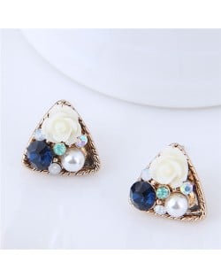 Czech Stone and Pearl Inlaid Vivid Flower Triangle Fashion Stud Earrings - White