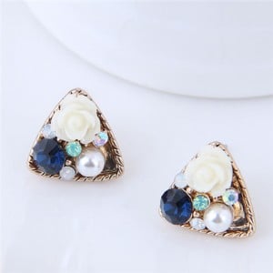 Czech Stone and Pearl Inlaid Vivid Flower Triangle Fashion Stud Earrings - White