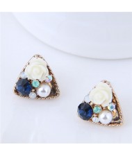 Czech Stone and Pearl Inlaid Vivid Flower Triangle Fashion Stud Earrings - White