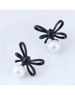 Black Bowknot with Graceful Pearl Design Fashion Stud Earrings