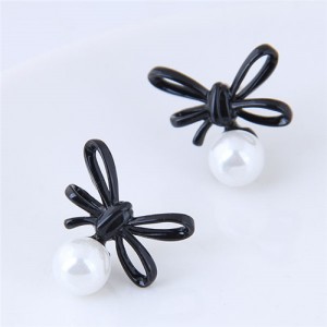 Black Bowknot with Graceful Pearl Design Fashion Stud Earrings