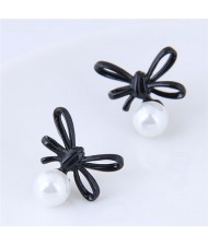 Black Bowknot with Graceful Pearl Design Fashion Stud Earrings