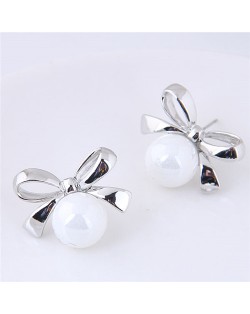 Silver Bowknot with Graceful Pearl Design Fashion Stud Earrings