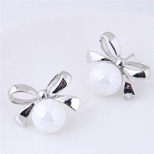 Silver Bowknot with Graceful Pearl Design Fashion Stud Earrings