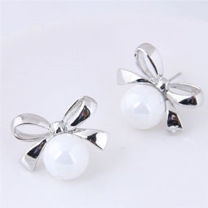 Silver Bowknot with Graceful Pearl Design Fashion Stud Earrings