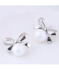 Silver Bowknot with Graceful Pearl Design Fashion Stud Earrings