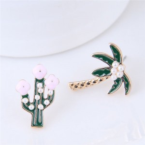 Cactus and Coconut Tree Asymmetric High Fashion Stud Earrings