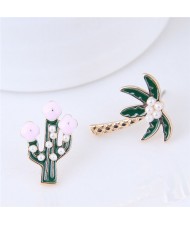 Cactus and Coconut Tree Asymmetric High Fashion Stud Earrings