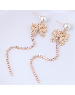 Golden Bowknot with Rhinestone Tassel Design Pearl Stud Earrings