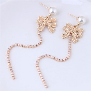 Golden Bowknot with Rhinestone Tassel Design Pearl Stud Earrings