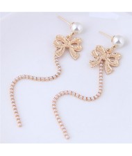 Golden Bowknot with Rhinestone Tassel Design Pearl Stud Earrings