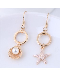 Pearl Inlaid Seashell and Starfish Asymmetric High Fashion Golden Stud Earrings