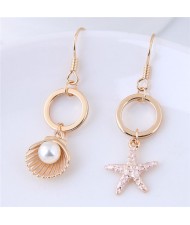 Pearl Inlaid Seashell and Starfish Asymmetric High Fashion Golden Stud Earrings