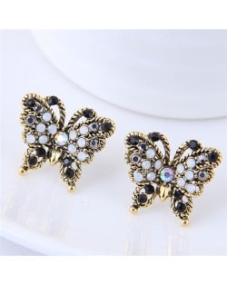 Czech Stone Embellished Vintage Golden Rimmed Butterfly Fashion Stud Earrings - Black