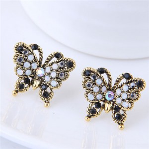 Czech Stone Embellished Vintage Golden Rimmed Butterfly Fashion Stud Earrings - Black