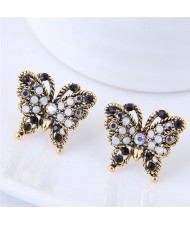 Czech Stone Embellished Vintage Golden Rimmed Butterfly Fashion Stud Earrings - Black