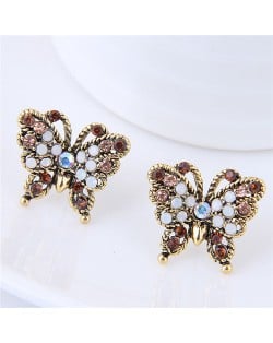 Czech Stone Embellished Vintage Golden Rimmed Butterfly Fashion Stud Earrings - Champagne