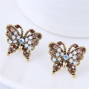 Czech Stone Embellished Vintage Golden Rimmed Butterfly Fashion Stud Earrings - Champagne