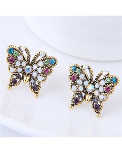 Czech Stone Embellished Vintage Golden Rimmed Butterfly Fashion Stud Earrings - Multicolor