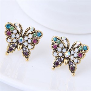 Czech Stone Embellished Vintage Golden Rimmed Butterfly Fashion Stud Earrings - Multicolor